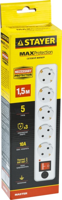 STAYER 1.5 м, 2500 Вт, 5 гнезд, фильтр сетевой 55066-1.5