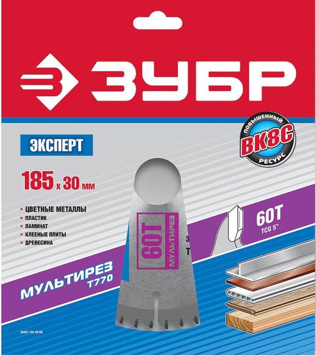 ЗУБР Ø 185 х Ø 30 мм, 60T, диск пильный по алюминию, ламинату 36907-185-30-60