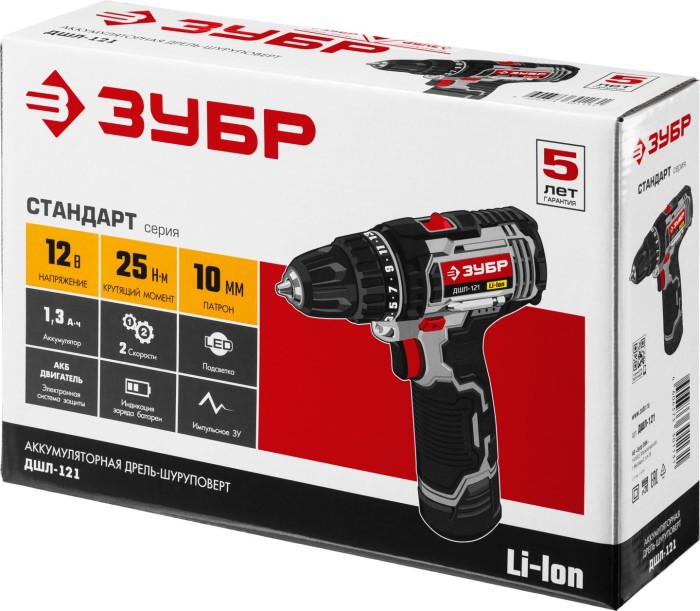 ЗУБР Li-Ion 12 В, дрель-шуруповерт ДШЛ-121 Стандарт