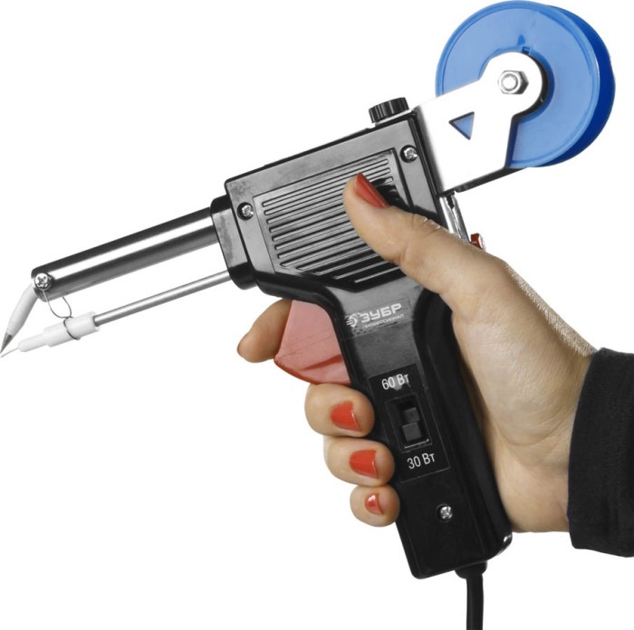 ЗУБР 30/60 Вт, 220 В, конус, автоматическая подача припоя, электропаяльник пистолетного типа 55304-60 Профессионал