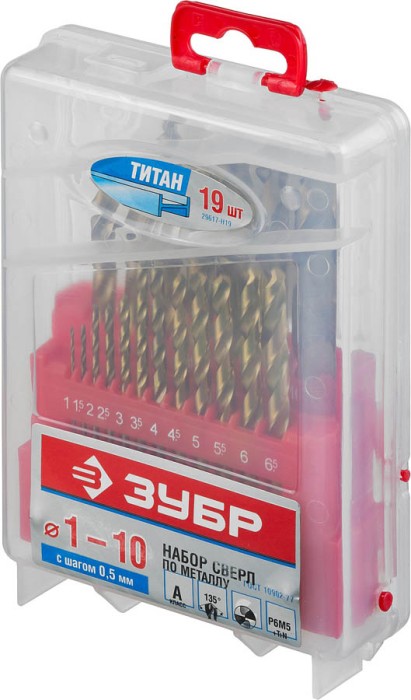ЗУБР 19 шт. (Ø 1-10 мм) ТИТАН, Р6М5, класс А, набор сверл по металлу 29617-H19