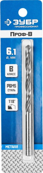 ЗУБР Ø 6.1 x 101 мм, сталь Р6М5, класс В, сверло по металлу 29621-6.1 Профессионал