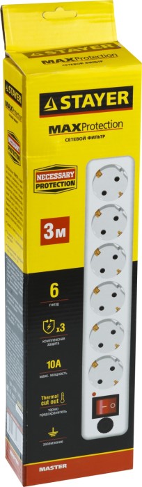 STAYER 3 м, 2500 Вт, 6 гнезд, фильтр сетевой 55067-3