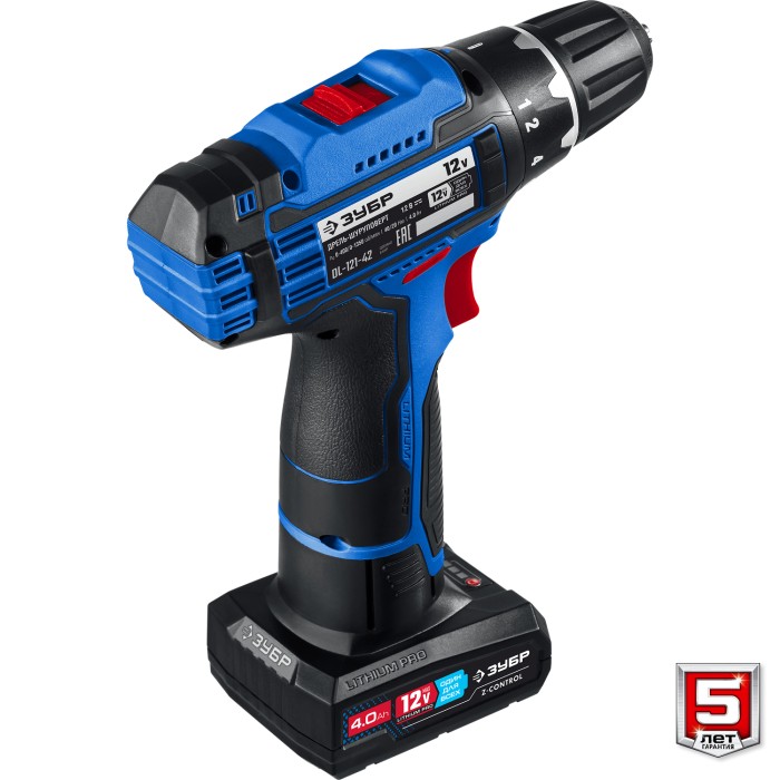 ЗУБР 12 В, 2 АКБ (4Ач), в сумке, дрель-шуруповерт DL-121-42 Профессионал