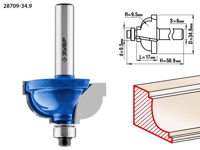 ЗУБР 34.9 x 17 мм, радиус 9.5 мм, фреза кромочная калевочная №7 28709-34.9 Профессионал