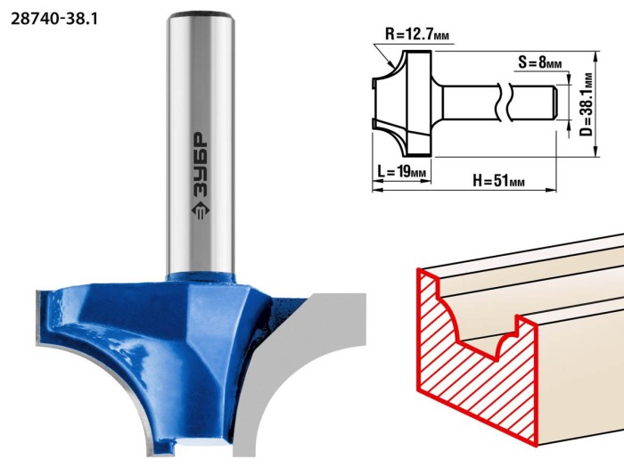 ЗУБР 38.1 x 19 мм, радиус 12.7 мм, фреза пазовая фасонная №1 28740-38.1 Профессионал