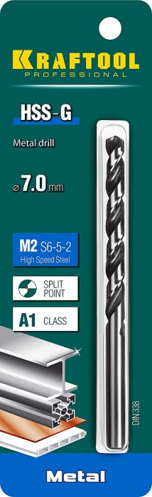 KRAFTOOL Ø 7 х 109 мм, HSS-G, сталь М2 (S6-5-2), класс A, сверло по металлу 29651-7 Pro