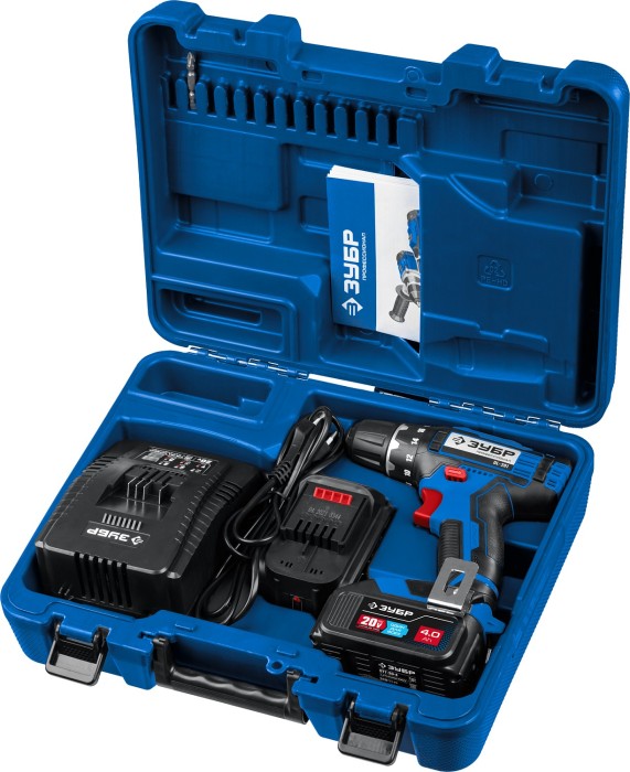 ЗУБР 20 В, 2 АКБ (4Ач), в кейсе, дрель-шуруповерт DL-201-42 Профессионал