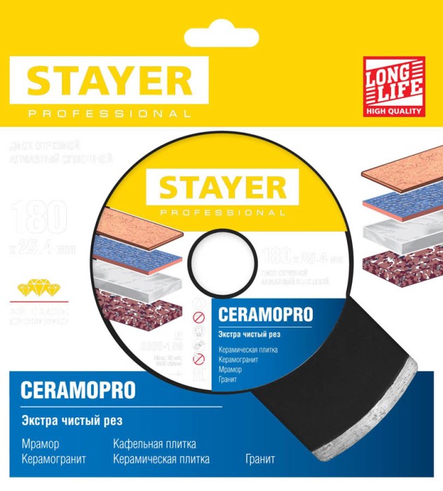 STAYER Ø 180Х25.4 мм, алмазный, cплошной, диск отрезной CERAMOPRO 3665-180_z02 Professional