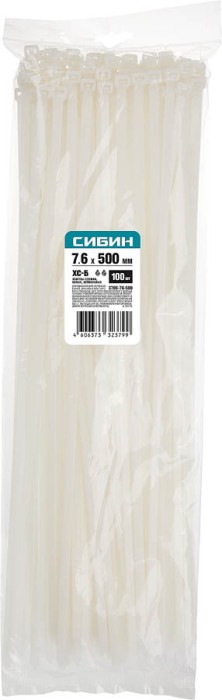 СИБИН 500х7.6 мм, 100 шт, хомуты нейлоновые белые 3786-76-500