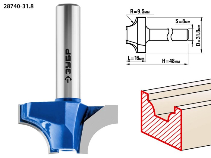 ЗУБР 31.8 x 16 мм, радиус 9.5 мм, фреза пазовая фасонная №1 28740-31.8 Профессионал