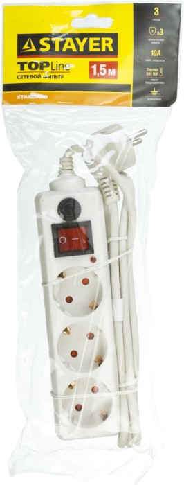 STAYER 1.5 м, 2500 Вт, 3 гнезда, фильтр сетевой 55065-1.5
