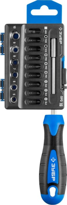 ЗУБР 16 предметов, двухкомпонентная рукоятка, в блистере, набор: битодержатель с битами и головками 25216
