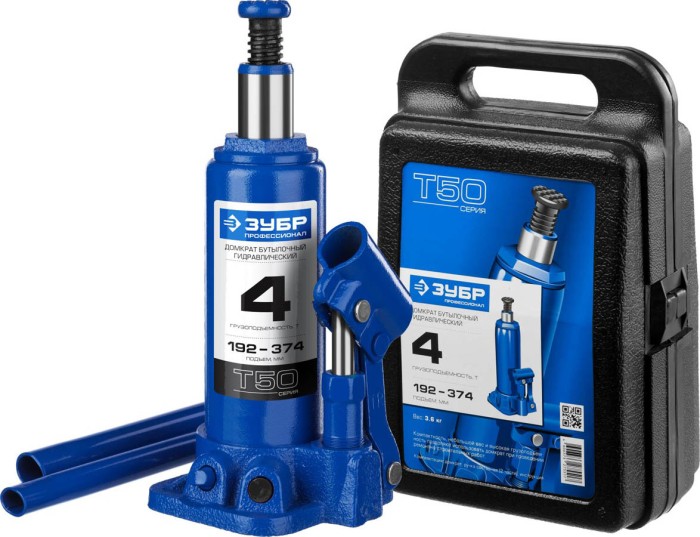 ЗУБР 4 т, 192-374 мм, домкрат бутылочный гидравлический в кейсе T50 43060-4-K_z01 Профессионал