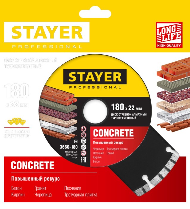 STAYER Ø 180Х22.2 мм, алмазный, турбо-сегментный, диск отрезной CONCRETE 3660-180_z02 Professional