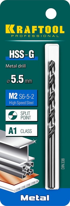 KRAFTOOL Ø 5.5 х 93 мм, HSS-G, сталь М2 (S6-5-2), класс A, сверло по металлу 29651-5.5 Pro