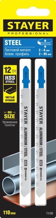 STAYER по металлу (листовой, алюм. профиль), EU-хвостовик, шаг 1.8 мм, 110 мм, 2 шт., полотна для эл/лобзика HSS 159951-1.8_z02 Professional