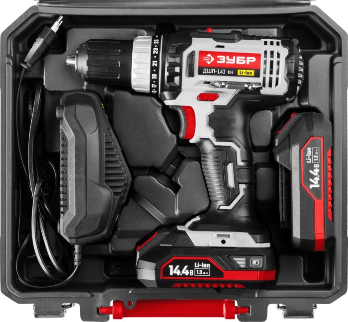 ЗУБР Li-Ion, 14.4 В, кейс, 2 АКБ, дрель-шуруповерт ДШЛ-141 КН Стандарт