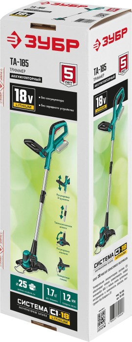 ЗУБР 18В, без АКБ, аккумуляторный триммер ТА-185 Мастер
