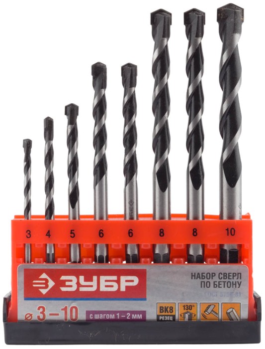 ЗУБР 8 шт: Ø 3-4-5-6-7-8-9-10 мм, набор ударных сверл по бетону СУПЕР-6 2916-H8