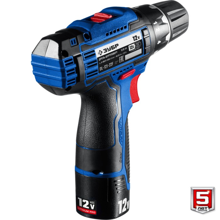 ЗУБР 12 В + LED фонарь, 2 АКБ (2Ач), в кейсе, дрель-шуруповерт DL-121-22F Профессионал