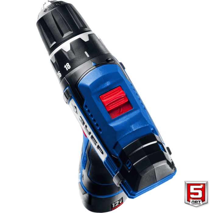 ЗУБР 12 В + LED фонарь, 2 АКБ (2Ач), в кейсе, дрель-шуруповерт DL-121-22F Профессионал