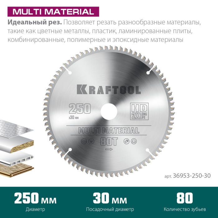 KRAFTOOL Multi Material 250х30мм 80Т, диск пильный по алюминию (36953-250-30)