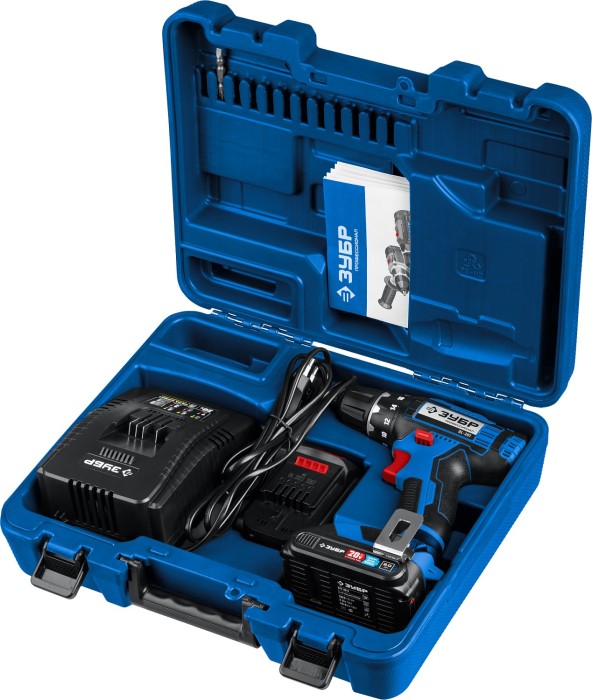 ЗУБР 20 В, 2 АКБ (2Ач), в кейсе, дрель-шуруповерт DL-201-22 Профессионал