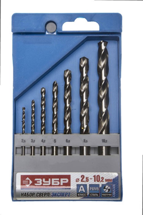 ЗУБР 7 шт. (Ø 2,5-10,2 мм), Р6М5, спираль шлифованная У-образная набор сверл по металлу 4-29625-H7R