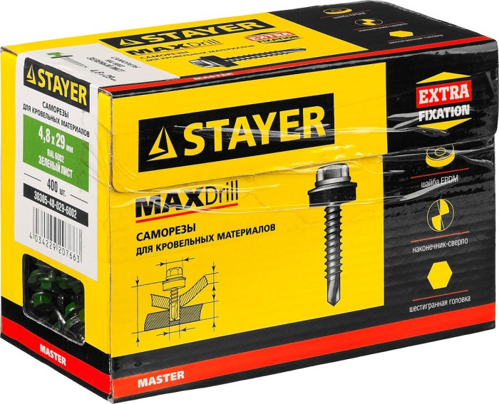 STAYER 29 x 4.8 мм, 400 шт., RAL 6002 зеленый лист, саморезы СКД кровельные для деревянной обрешетки 30305-48-029-6002 Master