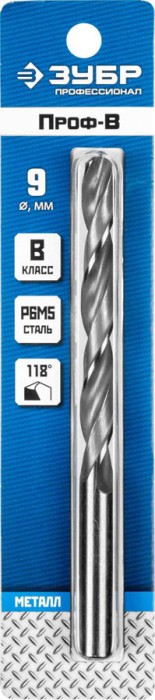 ЗУБР Ø 9 x 125 мм, сталь Р6М5, класс В, сверло по металлу 29621-9 Профессионал