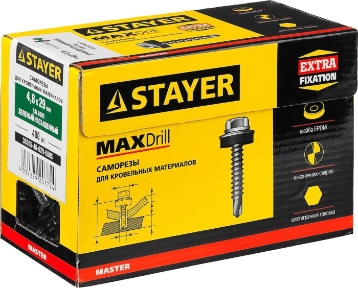 STAYER 29 x 4.8 мм, 400 шт., RAL 6005 зеленый насыщенный, саморезы СКД кровельные для деревянной обрешетки 30305-48-029-6005 Master