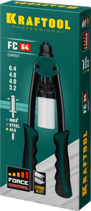 KRAFTOOL заклепки 3.2-6.4 мм из алюминия, стали, нерж. cтали, усиленный литой корпус, заклепочник двуручный 31160_z01