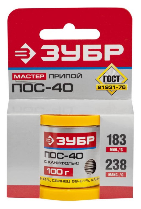 ЗУБР 100 г, ПОС 40, трубка с канифолью, 1 мм, припой 55451-100-10C