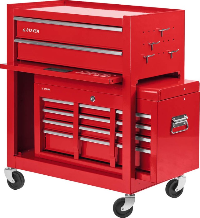STAYER 2 ящика + ящик настольный, 7 полок, 616х330х742 мм, тележка инструментальная 38909-K