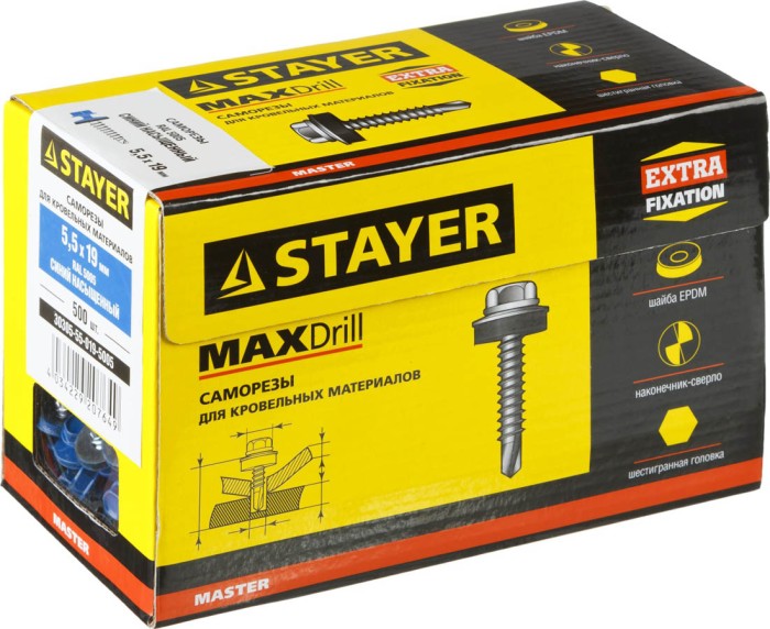 STAYER 19 x 5.5 мм, 500 шт., RAL 5005 синий насыщенный, саморезы СКМ кровельные для металлических конструкций 30305-55-019-5005 Master