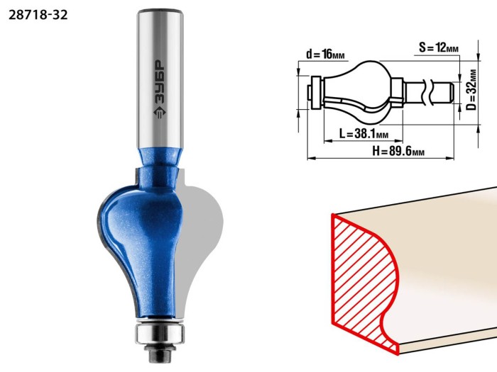ЗУБР 32 x 38.1 мм, хвостовик 12 мм, фреза кромочная фигурная №7 28718-32 Профессионал