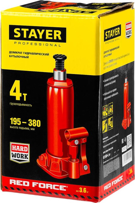 STAYER 4 т, 195-380 мм, домкрат бутылочный гидравлический RED FORCE 43160-4_z01 Professional