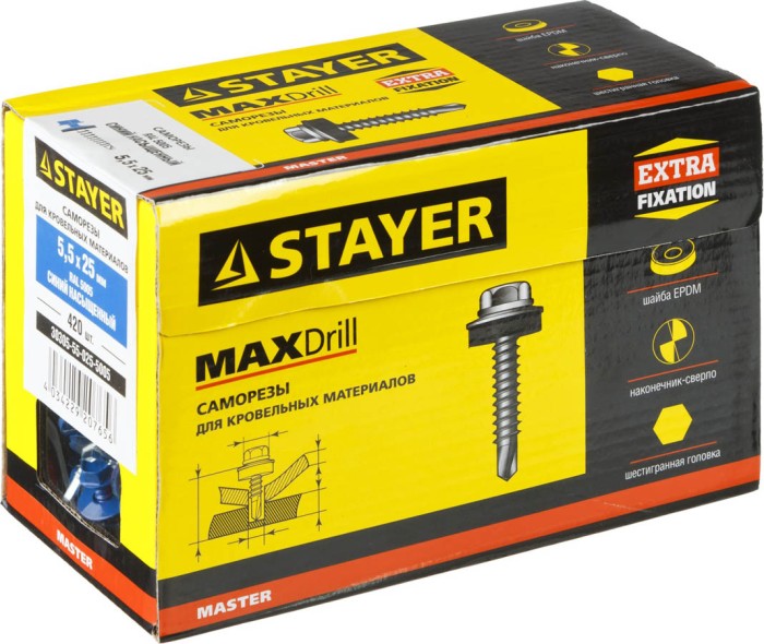 STAYER 25 x 5.5 мм, 420 шт., RAL 5005 синий насыщенный, саморезы СКМ кровельные для металлических конструкций 30305-55-025-5005 Master