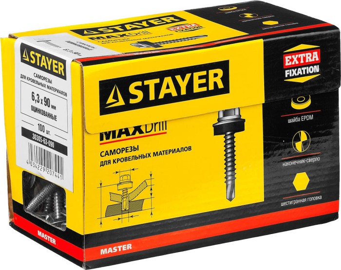 STAYER 90 х 6.3 мм, 100 шт., саморезы СКМ кровельные для металлических конструкций 30305-63-090 Master