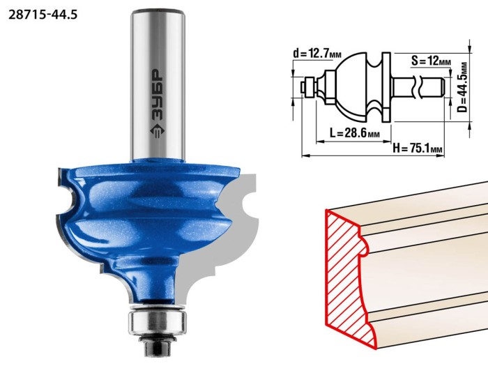 ЗУБР 44.5 x 28.6 мм, хвостовик 12 мм, фреза кромочная фигурная №4 28715-44.5 Профессионал