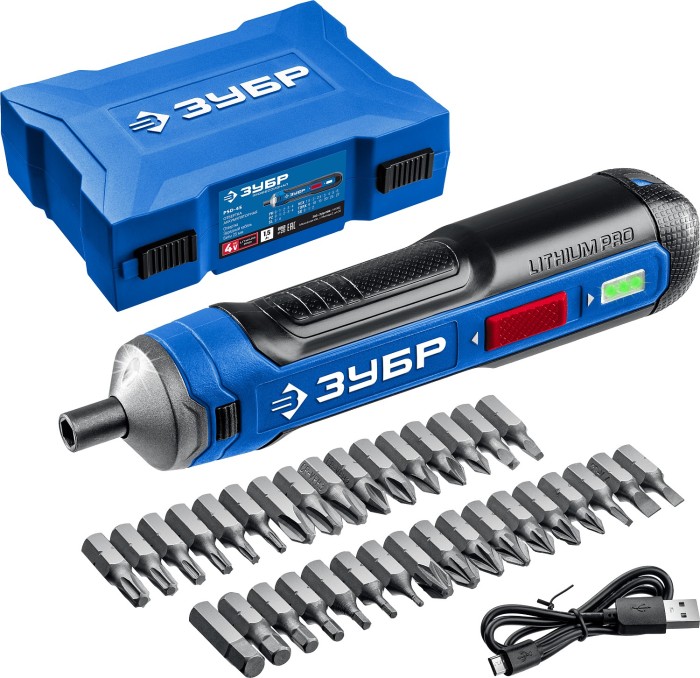 ЗУБР в кейсе с набором 33 бит, отвертка аккумуляторная PSD-4S Профессионал