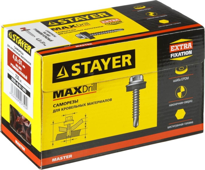 STAYER 51 х 4.8 мм, 250 шт., RAL 3003 рубиново-красный, саморезы СКД кровельные для деревянной обрешетки 30305-48-051-3003 Master