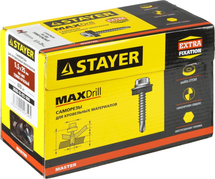 STAYER 25 x 5.5 мм, 420 шт., RAL 3005 темно-красный, саморезы СКМ кровельные для металлических конструкций 30305-55-025-3005 Master