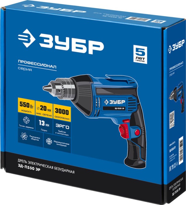 ЗУБР 550 Вт, дрель безударная реверсивная ЗД-П550 ЭР Профессионал