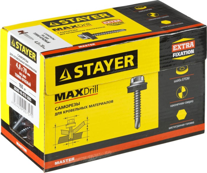 STAYER 70 х 4.8 мм, 160 шт., RAL 3005 темно-красный, саморезы СКД кровельные для деревянной обрешетки 30305-48-070-3005 Master
