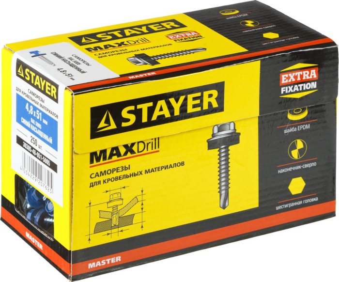 STAYER 51 х 4.8 мм, 250 шт., RAL 5005 синий насыщенный, саморезы СКД кровельные для деревянной обрешетки 30305-48-051-5005 Master