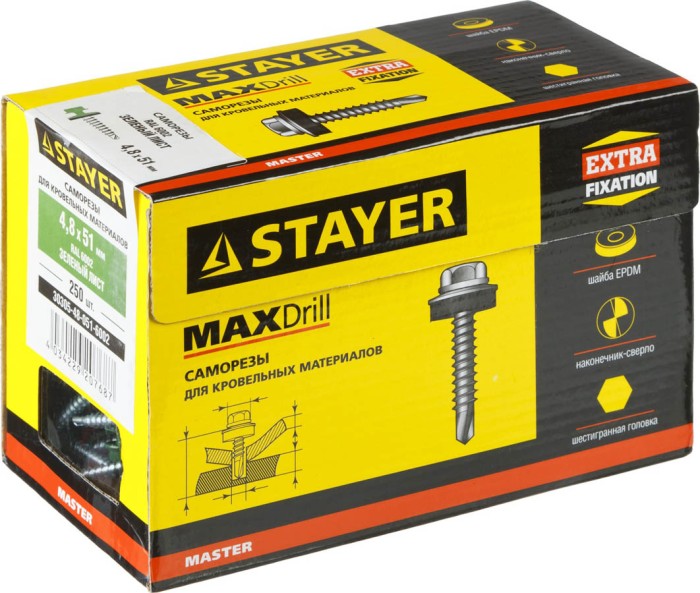 STAYER 51 х 4.8 мм, 250 шт., RAL 6002 зеленый лист, саморезы СКД кровельные для деревянной обрешетки 30305-48-051-6002 Master