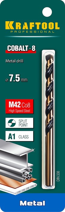 KRAFTOOL Ø 7.5 х 117 мм, HSS-Co (8%), класс A, сверло по металлу 29656-7.5 Pro