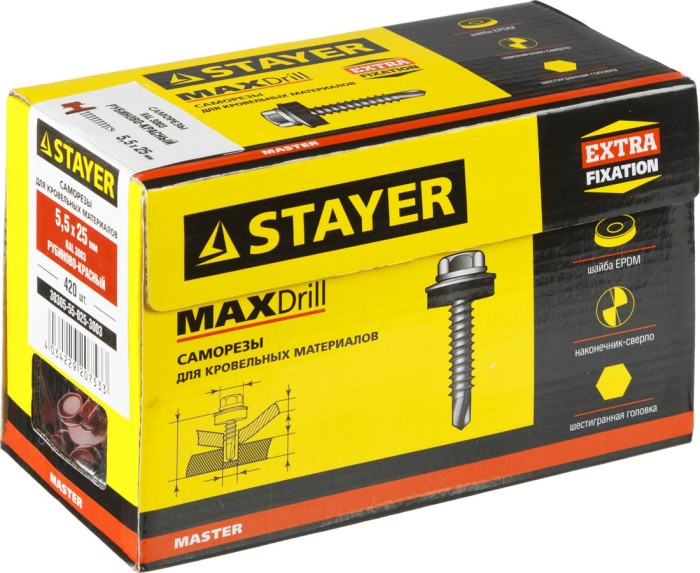STAYER 25 x 5.5 мм, 420 шт., RAL 3003 рубиново-красный, саморезы СКМ кровельные для металлических конструкций 30305-55-025-3003 Master